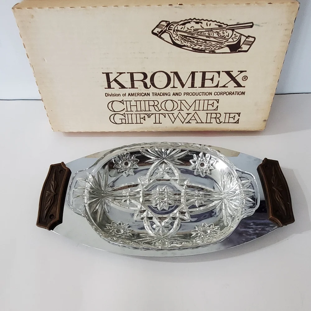 VTG Kromex Relish Server #044-21 Tray w/Glass Insert In Original Box MCM 60s EUC
